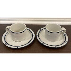 Dansk Bistro Fredriksborg Tea Cup Cups Saucers Blue Dots Japan Set Of 2 VTG